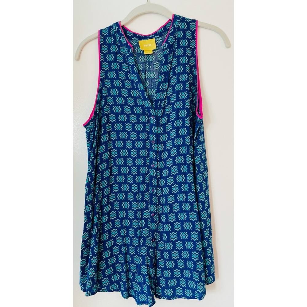 Maeve Navy & Turquoise Geometric Tank with Pink Trim